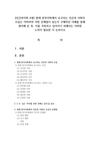 [인간과사회 A형] 현대 한국사회에서 요구되는 인간과 사회의 모습은 어떠하며 어떤 문제점이 있는지 구체적인 사례를 통해 생각해 본 후, 이를 극복하고 넘어서기 위해서는 어떠한 노력이 필요한 지 논하시오