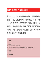 우리나라 사회보장제도인 국민연금, 건강보험, 산업재해보상보험, 고용보험 중 한 가지만 선택하여 제도 내용, 문제점, 개선방안을 정리하여 작성하고, 이에 대한 본인의 의견을 반드시 제시하여 주시기 바랍니다
