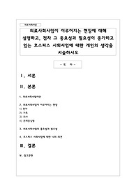 의료사회사업이 이루어지는 현장에 대해 설명하고, 점차 그 중요성과 필요성이 증가하고 있는 호스피스 사회사업에 대한 개인의 생각을 서술
