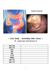 [ OR 실습 ] Ascending colon cancer / Laparoscopic hemicolectomy, Rt / 상행결장암 / case study / 간호과정 / 연구의 필요성 / 문헌고찰 / 간호사정 / 간호진단 / 간호계획 / 간호수행 / 이론적 근거 / 간호평가 / 소감문 / 퇴원교육 [ A+ 과제 ]