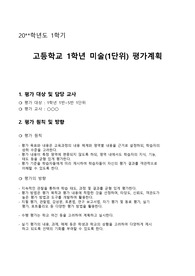 [미술(1단위)평가계획서] 예체능 과목의 평가기준안 작성은 매우 어렵습니다. 특히 미술의 경우 실기가 많기 때문에 더 까다롭습니다. 따라서 본 작품을 참고하시면 평가계획서 또는 수행평가안을 쉽게 작성하실 수 있을 것입니다.