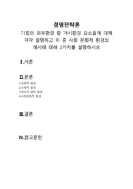 [A+과제]기업의 외부환경 중 거시환경 요소들에 대해 각각 설명하고 이 중 사회 문화적 환경의 예시에 대해 2가지를 설명하시오