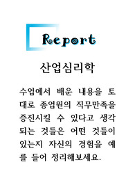산업심리학_수업에서 배운 내용을 토대로 종업원의 직무만족을 증진시킬 수 있다고 생각되는 것들은 어떤 것들이 있는지 자신의 경험을 예를 들어 정리해보세요