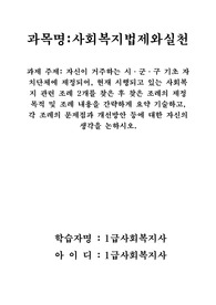 사회복지법제와실천 과제주제 - 자신이 거주하는 시군구 기초 자치단체에 제정되어, 현재 시행되고 있는 사회복지 관련 조례 2개를 찾은 후 찾은 조례의 제정 목적 및 조례 내용을 간략하게 요약 기술하고, 각 조례의 문제점과 개선방안 등에 대한 자신의 생각을 논하시오.
