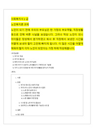노인복지론 과제 (사회복지사2급) 노인이 되기 전에 우리의 부모님은 한 가정의 부모역할, 직장생활 등으로 인해 바쁜 나날을 보냈습니다. 그러나 막상 노인이 되니 아이들은 장성해서 분가하였고 퇴사 후 직장에서 보냈던 시간을 어떻게 보내야 할지 고민에 빠지게 됩니다. 이 많은 시간을 어떻게 채워야 할지 각자 노인이 되었다는 가정 하에 작성해봅니다