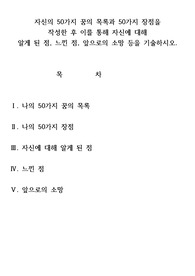 자신의 50가지 꿈의 목록과 50가지 장점을 작성한 후 이를 통해 자신에 대해 알게 된 점, 느낀 점, 앞으로의 소망 등을 기술하시오.