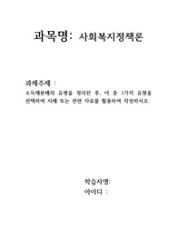 소득재분배의 유형을 정리한 후, 이 중 1가지 유형을 선택하여 사례 또는 관련 자료를 활용하여 작성하시오
