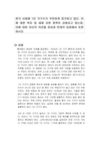 한국 사회에 1인 가구수가 꾸준하게 증가하고 있다. 이에 대한 복지 및 세제 지원 정책이 강화되고 있는데, 이에 대한 자신의 의견을 찬성과 반대의 입장에서 토론하시오