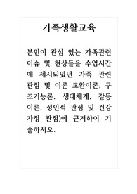 가족생활교육_본인이 관심 있는 가족관련 이슈 및 현상들을 수업시간에 제시되었던 가족 관련 관점 및 이론 교환이론, 구조기능론, 생태체계, 갈등이론, 성인적 관점 및 건강가정 관점)에 근거하여 기술하시오.