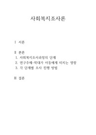 사회복지조사과정에 단계를 기술하고, 연구주제 한개를 설정하여 각 단계별 조사 진행 방법에 대해 기술한다