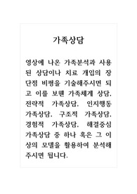 가족상담_영상에 나온 가족분석과 사용된 상담이나 치료 개입의 장단점 비평을 기술해주시면 되고 이를 보웬 가족체계 상담, 전략적 가족상담, 인지행동 가족상담, 구조적 가족상담, 경험적 가족상담, 해결중심 가족상담 중 하나 혹은 그 이상의 모델을 활용하여 분석해주시면 됩니다.