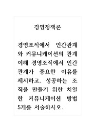 경영정책론_경영조직에서 인간관계와 커뮤니케이션의 관계 이해 경영조직에서 인간관계가 중요한 이유를 제시하고, 성공하는 조직을 만들기 위한 치열한 커뮤니케이션 방법 5개를 서술하시오.