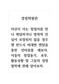 경영학원론_자신이 아는 창업자를 만나 면담하거나 방역적 안심이 보장되지 않을 경우엔 반드시 비대면 면담을 통한 인터뷰를 해보자. 이들의 창업동기, 포부, 활동상황 및 그들의 경영철학에 관해 알아보자.