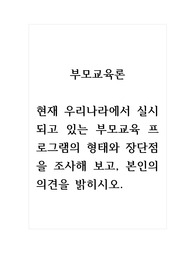 부모교육론_현재 우리나라에서 실시되고 있는 부모교육 프로그램의 형태와 장단점을 조사해 보고, 본인의 의견을 밝히시오. (2)