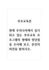 부모교육론_현재 우리나라에서 실시되고 있는 부모교육 프로그램의 형태와 장단점을 조사해 보고, 본인의 의견을 밝히시오.