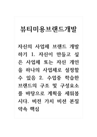 뷰티미용브랜드개발_자신의 사업체 브랜드 개발하기 1. 자신이 만들고 싶은 사업체 또는 자신 개인을 하나의 사업체로 설정할 수 있음 2. 수업중 학습한 브랜드의 구조 및 구성요소를 바탕으로 계획을 세워봅시다. 비전 가치 비션 본질 약속 핵심