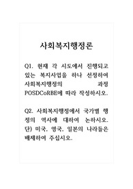 사회복지행정론_Q1. 현재 각 시도에서 진행되고 있는 복지사업을 하나 선정하여 사회복지행정의 과정 POSDCoRBE에 따라 작성하시오. Q2. 사회복지행정에서 국가별 행정의 역사에 대하여 논하시오. 단) 미국, 영국, 일본의 나라들은 배제하여 주십시오.