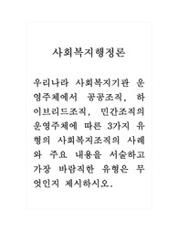 사회복지행정론_우리나라 사회복지기관 운영주체에서 공공조직, 하이브리드조직, 민간조직의 운영주체에 따른 3가지 유형의 사회복지조직의 사례와 주요 내용을 서술하고 가장 바람직한 유형은 무엇인지 제시하시오.