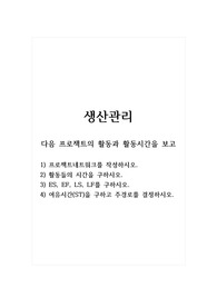 생산관리_다음 프로젝트의 활동과 활동시간을 보고 1) 프로젝트네트워크를 작성하시오. 2) 활동들의 시간을 구하시오. 3) ES, EF, LS, LF 를 구하시오. 4) 여유시간(ST)을 구하고 주경로를 결정하시오.
