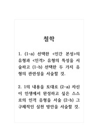 철학_1. (1-a) 선택한 인간 본성의 유형과 인격 유형의 특성을 서술하고 (1-b) 선택한 두 가지 유형의 관련성을 서술할 것 2. 1의 내용을 토대로 (2-a) 자신이 인생에서 완성하고 싶은 스스로의 인격 유형을 서술 (2-b) 그 구체적인 실천 방안을 서술할 것