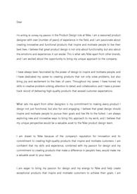 나이키 제품 디자인(Product Design) 직무 경력직 지원 영문 커버레터 자기소개서