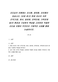 리더십의 유형에는 지시형, 참여형, 자유형이 있습니다. (교재 참고) 현재 자신이 속한 조직(가정, 회사, 동호회, 친목단체, 가족관계 등)의 환경과 구성원의 특성을 고려하여 적절한 리더쉽 유형이 무엇인지 구체적인 사례를 통해 논술하시오.