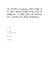 1주 1차시에서 Sternberg는 사랑의 유형을 감정, 생각, 행동까지 포함한 다차원 구조로 분류했습니다. 각 유형별 정의는 하지 않으셔도 되고, 순수하게 분석 결과만 작성하십시오