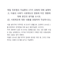 에밀 뒤르켐의 자살론의 3가지 유형에 대해 설명하고, 다음의 사례가 사회제도의 변화에 미친 영향에 대해 본인의 생각을 쓰시오.