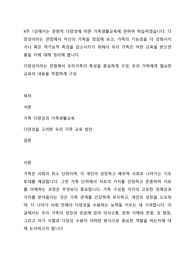 4주 1강에서는 문화적 다양성에 따른 가족생활교육에 관하여 학습하였습니다. 다양성이라는 관점에서 자신의 가족을 점검해 보고, 가족의 기능성을 더 강화시키거나 혹은 역기능적 특성을 감소시키기 위해서 우리 가족은 어떤 교육을 받으면 좋을 지에 대해 정리해 봅니다.
