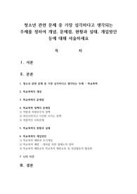 청소년 관련 문제 중 가장 심각하다고 생각되는 주제를 정하여 개념 문제점 현황과 실태 개입방안 등에 대해 서술하세요