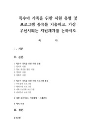 특수아 가족을 위한 지원 유형 및 프로그램 종류를 기술하고 가장 우선시되는 지원체계를 논하시오