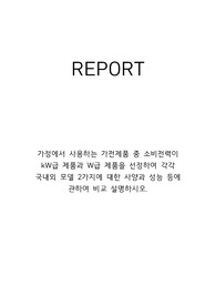 [KCU 슬기로운 에너지 생활 과제] 가정에서 사용하는 가전제품 중 소비전력이 kW급 제품과 W급 제품을 선정하여 각각 국내외 모델 2가지에 대한 사양과 성능 등에 관하여 비교 설명하시오.
