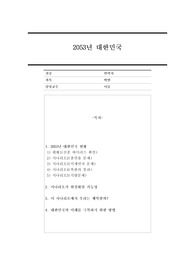 2053년 대한민국의 현황에 대해 상세히 기술하고 현실화 가능성과 사람들은 행복할지 서술하시오.