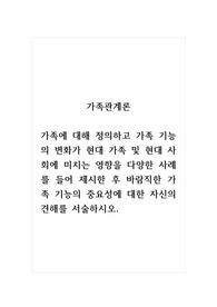 가족관계론_가족에 대해 정의하고 가족 기능의 변화가 현대 가족 및 현대 사회에 미치는 영향을 다양한 사례를 들어 제시한 후 바람직한 가족 기능의 중요성에 대한 자신의 견해를 서술하시오.
