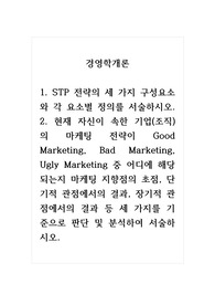 경영학개론_1. STP 전략의 세 가지 구성요소와 각 요소별 정의를 서술하시오. 2. 현재 자신이 속한 기업(조직)의 마케팅 전략이 Good Marketing, Bad Marketing, Ugly Marketing 중 어디에 해당되는지 마케팅 지향점의 초점, 단기적 관점에서의 결과, 장기적 관점에서의 결과 등 세 가지를 기준으로 판단 및 분석하