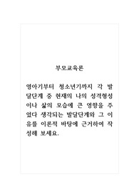 부모교육론_영아기부터 청소년기까지 각 발달단계 중 현재의 나의 성격형성이나 삶의 모습에 큰 영향을 주었다 생각되는 발달단계와 그 이유를 이론적 바탕에 근거하여 작성해 보세요.