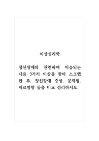 이상심리학_정신장애와 관련하여 이슈되는 내용 3가지 이상을 찾아 스크랩한 후, 정신장애 증상, 문제점, 치료방향 등을 비교 정리하시오.