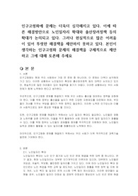 인구고령화에 문제는 더욱더 심각해지고 있다. 이에 따른 해결방안으로 노인일자리 확대와 출산장려정책 등의 확대가 논의되고 있다. 그러나 현실적으로 많은 어려움이 있어 뚜렷한 해결책을 제안하지 못하고 있다. 본인이 생각하는 인구고령화 문제의 해결책을 구체적으로 제안하고 그에 대해 토론해 주세요