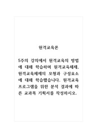 원격교육론_5주의 강의에서 원격교육의 방법에 대해 학습하며 원격교육체제, 원격교육체제의 모형과 구성요소에 대해 학습했습니다. 원격교육 프로그램을 위한 분석 결과에 따른 교과목 기획서를 작성하시오.