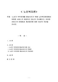 노년기 부부관계를 향상시키기 위해 노인복지현장에서        어떠한 서비스가 제공되고 있는지 조사해보고, 이러한        서비스의 문제점과 개선방안에 대한 자신의 의견을          쓰시오.