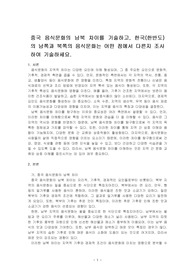 중국 음식문화의 남북 차이를 기술하고, 한국(한반도)의 남쪽과 북쪽의 음식문화는 어떤 점에서 다른지 조사하여 기술하세요.