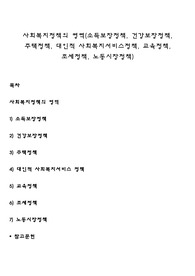 사회복지정책의 영역(소득보장정책, 건강보장정책, 주택정책, 대인적 사회복지서비스정책, 교육정책, 조세정책, 노동시장정책)