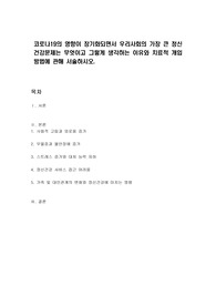 코로나19의 영향이 장기화되면서 우리사회의 가장 큰 정신건강문제는 무엇이고 그렇게 생각하는 이유와 치료적 개입방법에 관해 서술하시오.