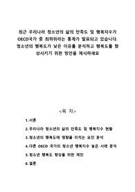 최근 우리나라 청소년의 삶의 만족도 및 행복지수가 OECD국가 중 최하위라는 통계가 발표되고 있습니다. 청소년의 행복도가 낮은 이유를 분석하고 행복도를 향상시키기 위한 방안을 제시하세요