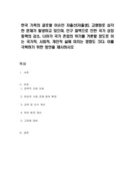 한국 가족의 글로벌 이슈인 저출산(저출생), 고령화로 심각한 문제가 발생하고 있으며, 인구 절벽으로 인한 국가 성장 동력의 감소, 나아가 국가 존립의 위기를 거론할 정도로 이는 국가적, 사회적, 개인적 삶에 미치는 영향도 크다. 이를 극복하기 위한 방안을 제시하시오