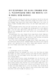한국 중고등학생들이 가장 호소하는 문제상황을 파악하고, 학교사회복지실천을 통해서 이를 예방하거나 조기에 개입하는 방안을 제시하시오.