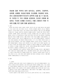 여성에 대한 폭력의 하위 범주로는, 성폭력, 가정폭력, 성희롱, 성매매, 여성성기절제, 인신매매, 여성혐오 범죄, 전시 성범죄(전쟁무기~