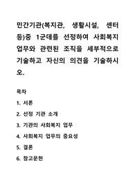 민간기관(복지관, 생활시설, 센터등)중 1군데를 선정하여 사회복지업무와 관련된 조직을 세부적으로 기술하고 자신의 의견을 기술하시오.