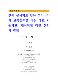 현재 실시되고 있는 우리나라의 보육정책을 아는 대로 서술하고 개선점에 대한 본인의 견해