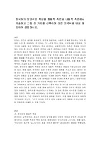 한국어의 일반적인 특성을 형태적 측면과 내용적 측면에서 기술하고 그중 한 가지를 선택하여 다른 외국어와 비교 대조하여 설명하시오.